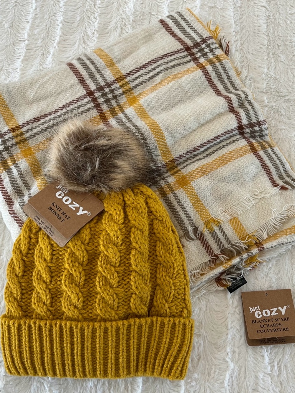 NWT Just Cozy plaid blanket scarf and knit beanie
